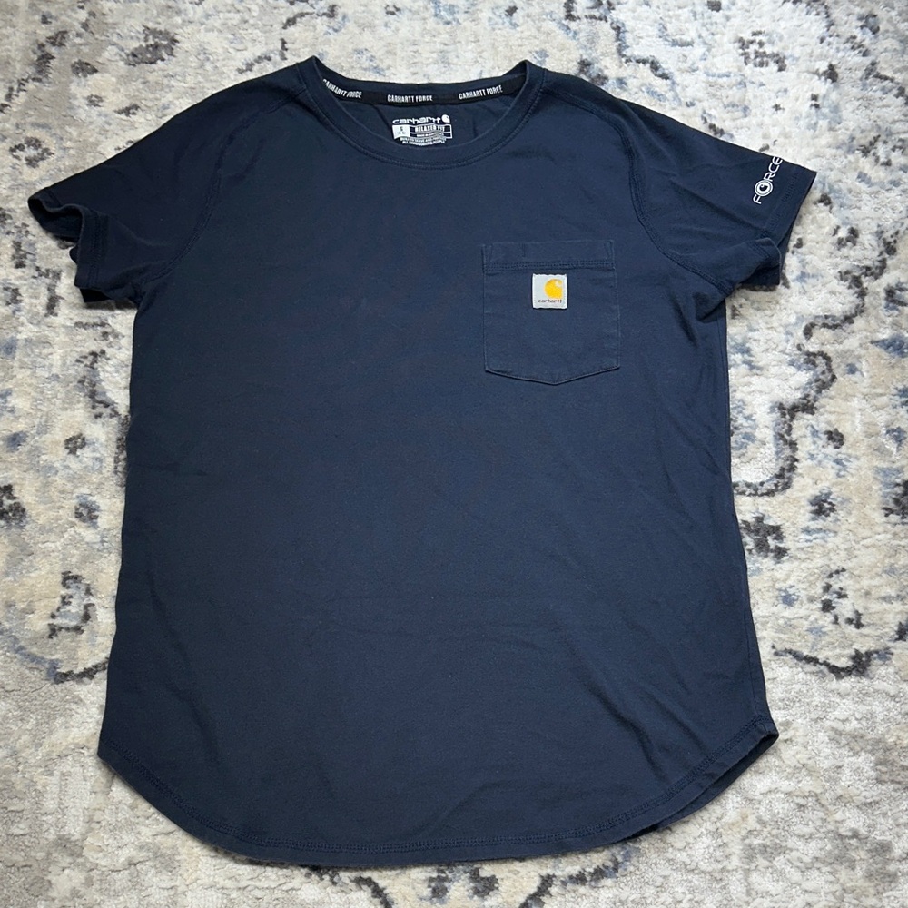 Carhartt Force Pocket T-Shirt Women's S Navy Blue Relaxed Fit Curved Hem